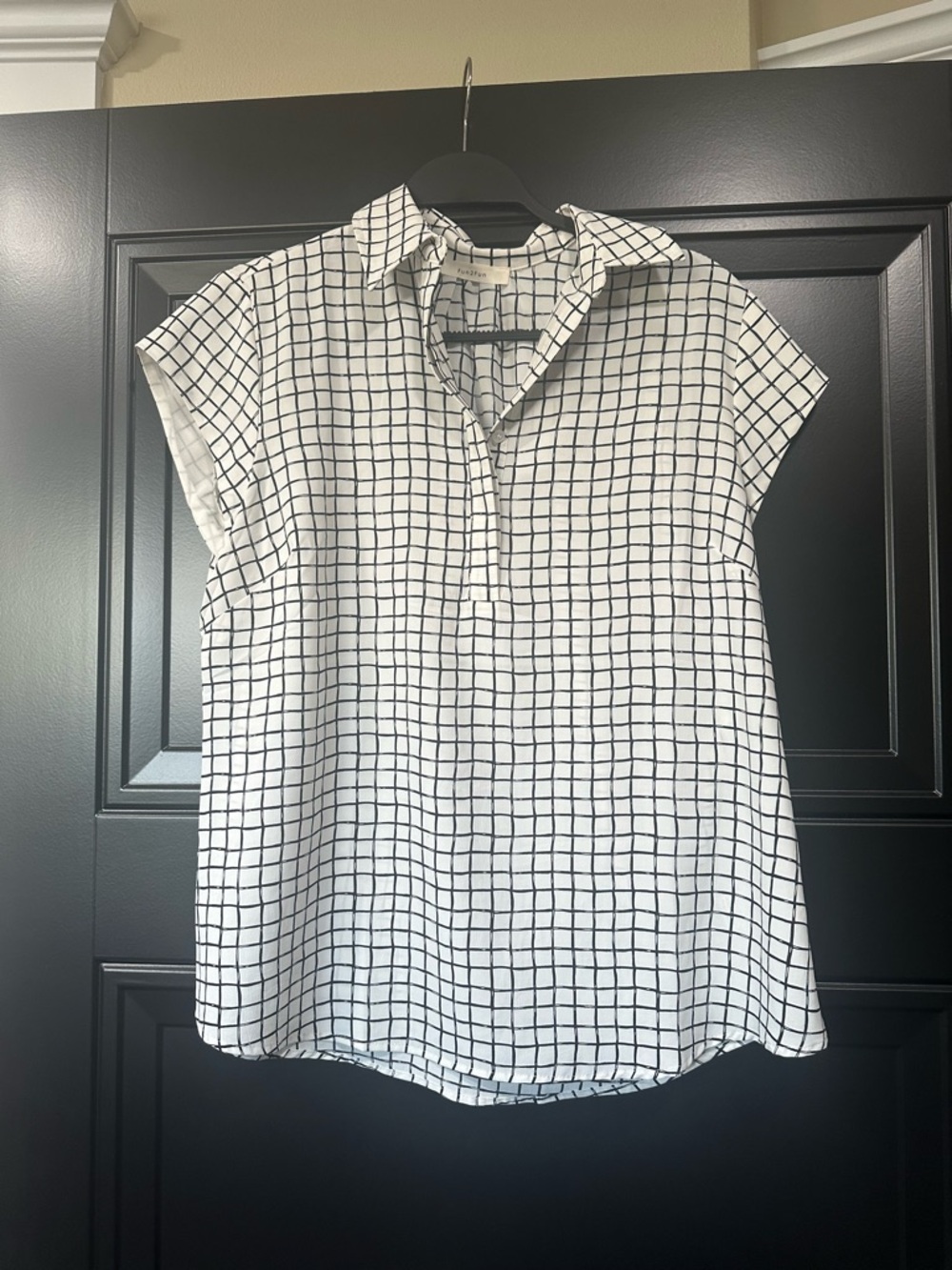 fun 2 fun White Blouse with Black Grid Print
